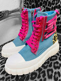 "Urban Leo" High-Top-Sneaker | Denim-Blau & Pink metallic| 36-40