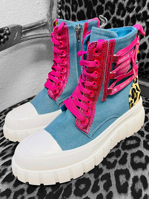 "Urban Leo" High-Top-Sneaker | Denim-Blau & Pink metallic| 36-40